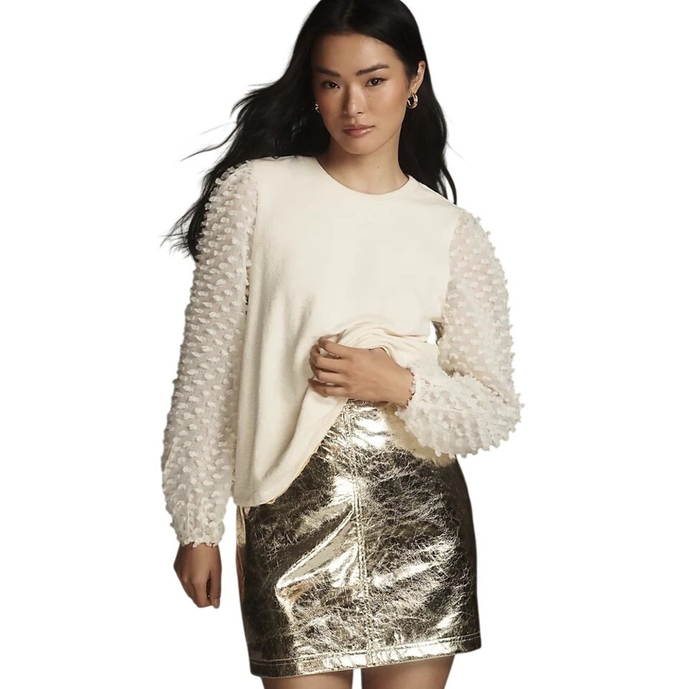 Maeve by Anthropologie Knit Sheer Swiss Dot Puff Balloon Sleeves Top Womens M